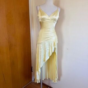 Bardot Pale Yellow Satin High-Low Slip Dress
